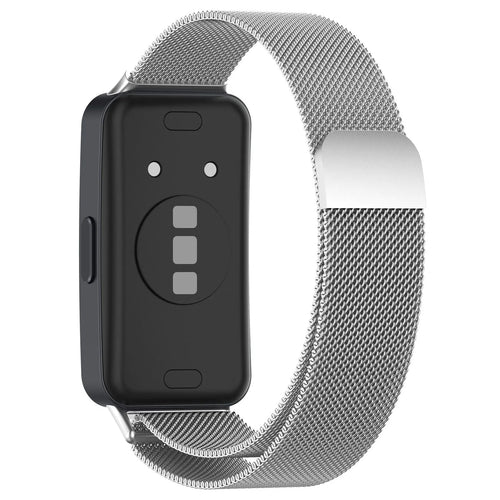 Milanese Strap, silver, on a watch, 3/4 rear view