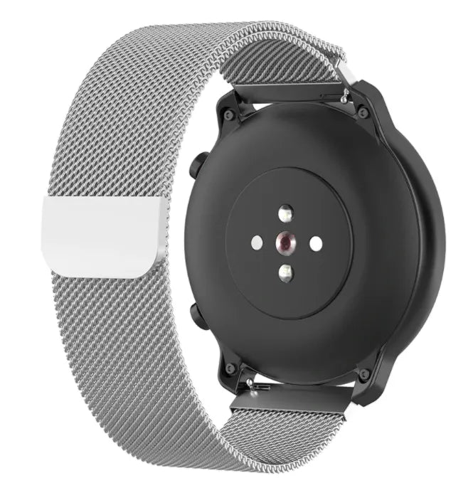 Milanese Strap, silver, on a watch, 3/4 rear view