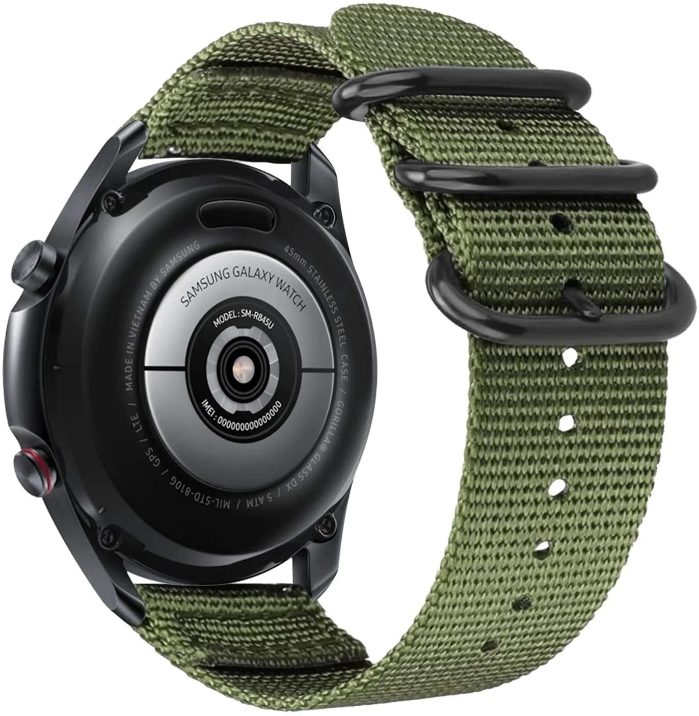 Nylon Buckle Strap, green, on a watch, 3/4 rear view