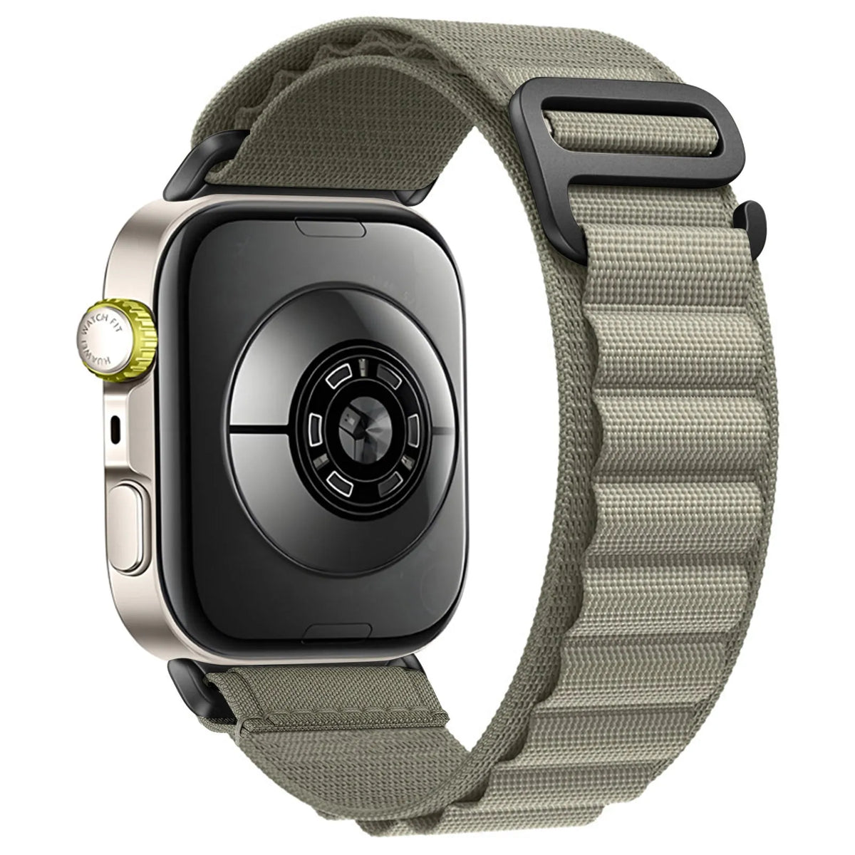 Alpine Nylon Strap, olive green, on a watch, 3/4 rear view