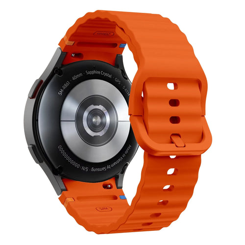 Wave Silicone Strap, orange, on a watch, 3/4 rear view