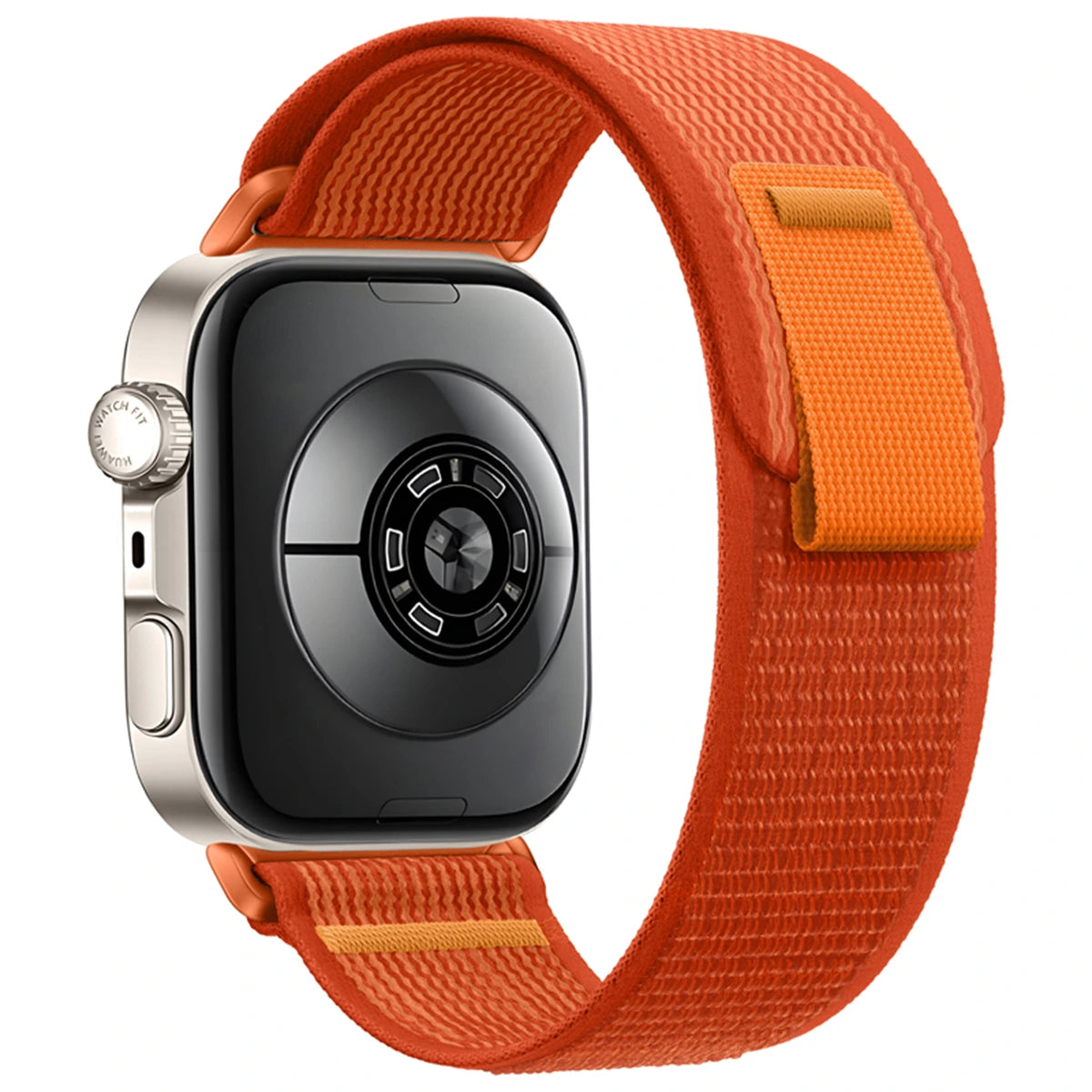 Trail Nylon Strap, orange, on a watch, 3/4 rear view