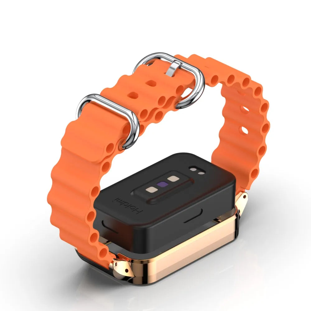 Silicone Ocean Strap, orange, on a watch, 3/4 rear view