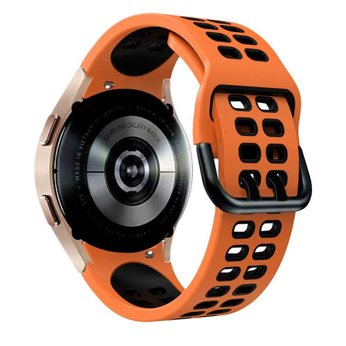 Silicone Squared Sport Strap, orange/black, on a watch, 3/4 rear view