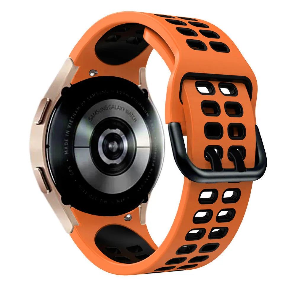 Silicone Squared Sport Strap, orange/black, on a watch, 3/4 rear view