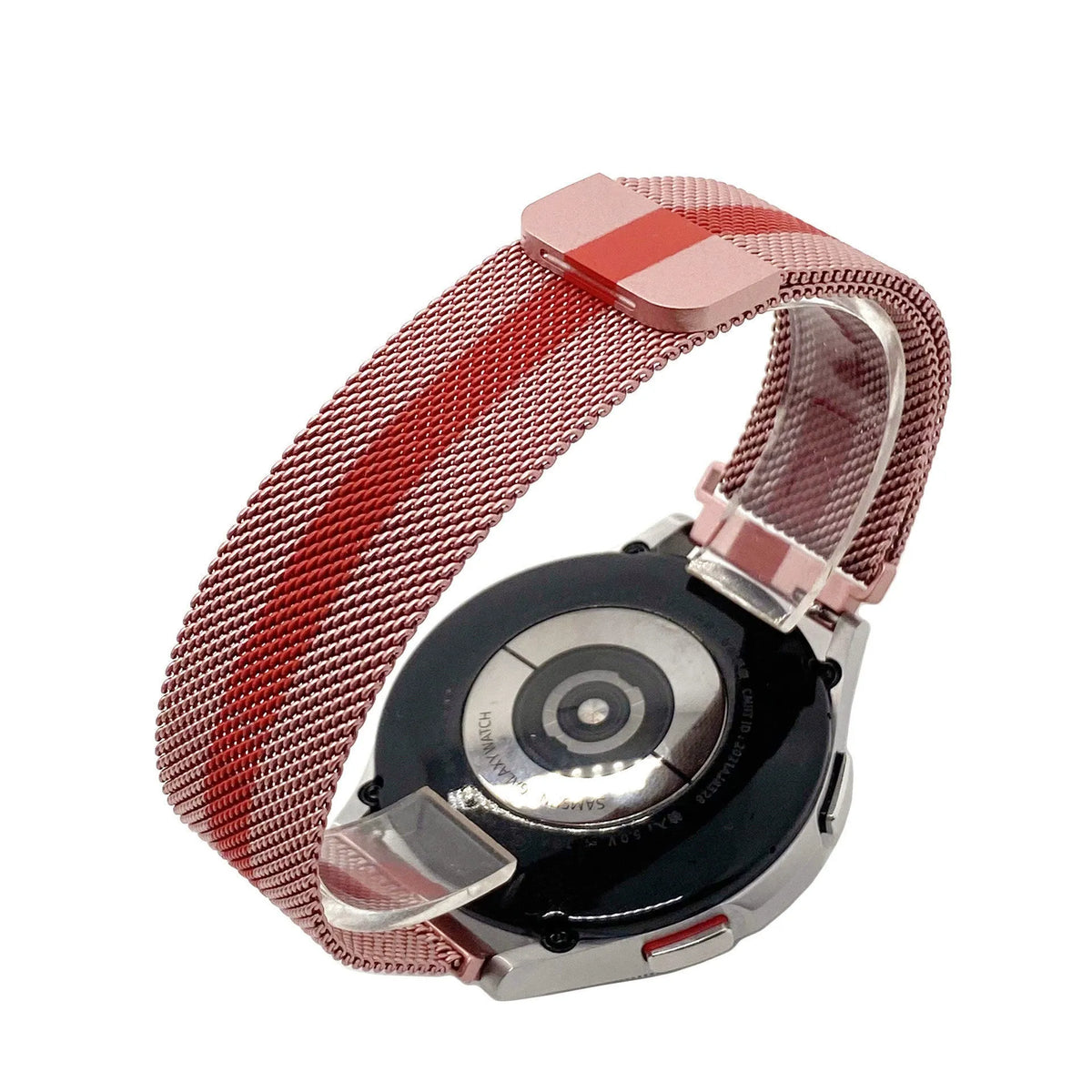 Milanese Strap, red/pink, on a watch, 3/4 rear view