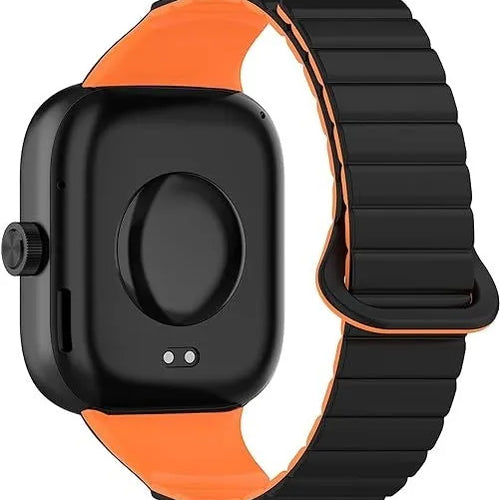 Magnetic Silicone Strap, black/orange, on a watch, 3/4 rear view