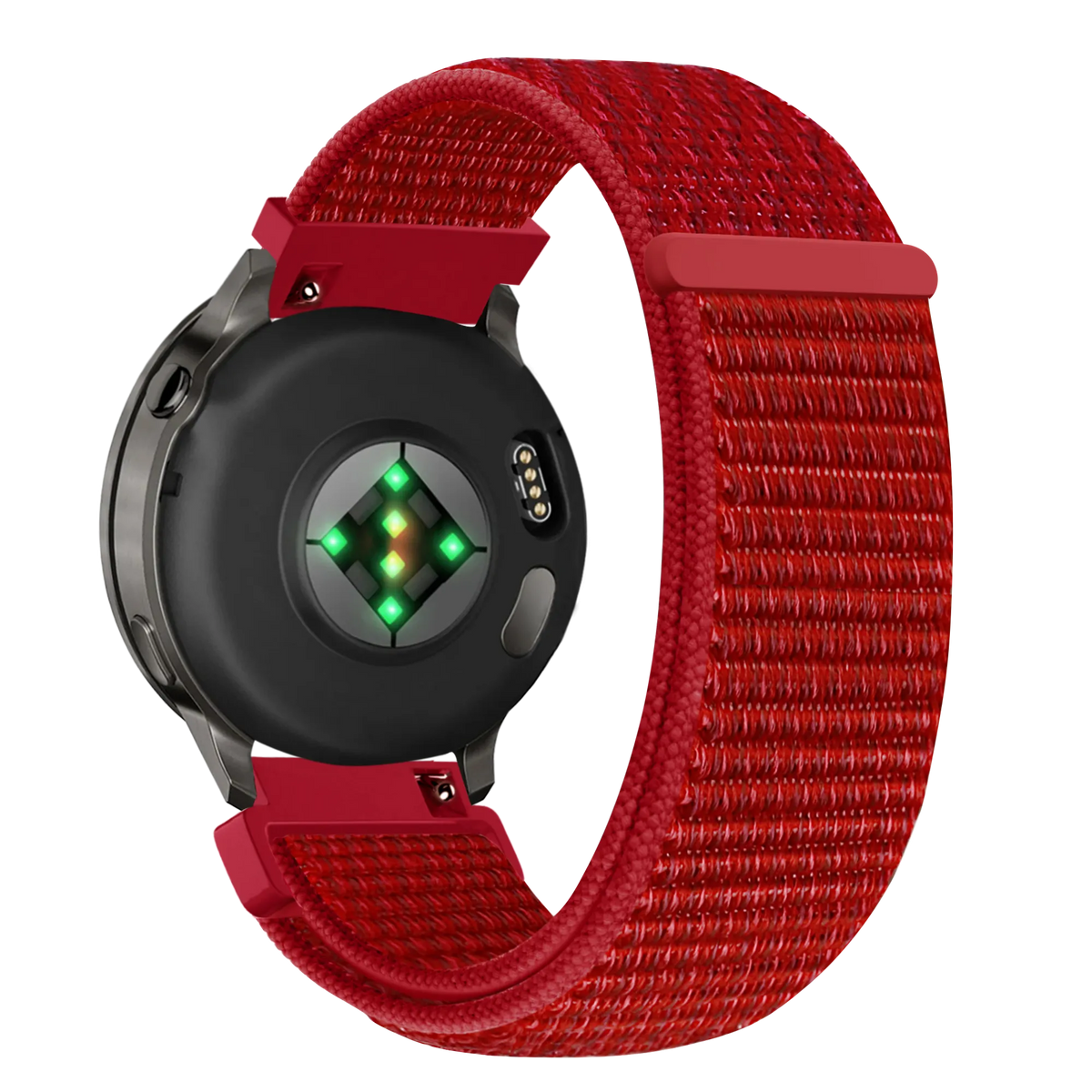 Nylon Loop Strap, red, on a watch, 3/4 rear view