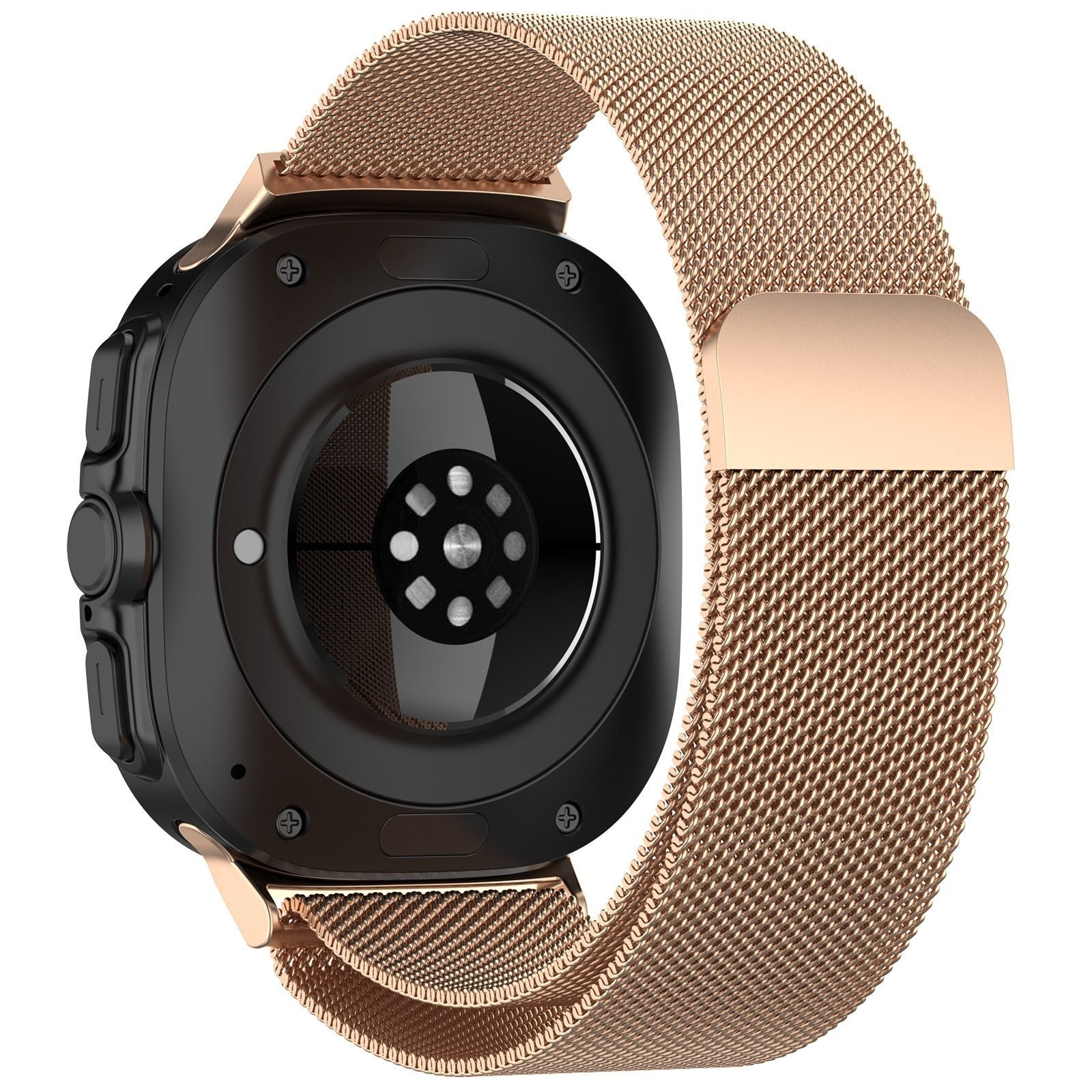 Milanese Strap, rose gold, on a watch, 3/4 rear view