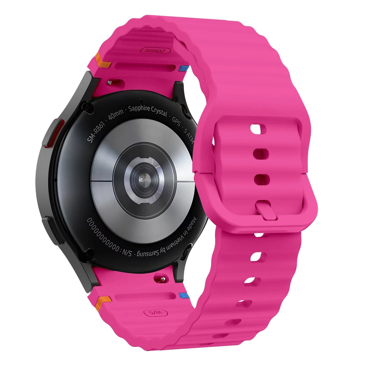 Wave Silicone Strap, bright pink, on a watch, 3/4 rear view