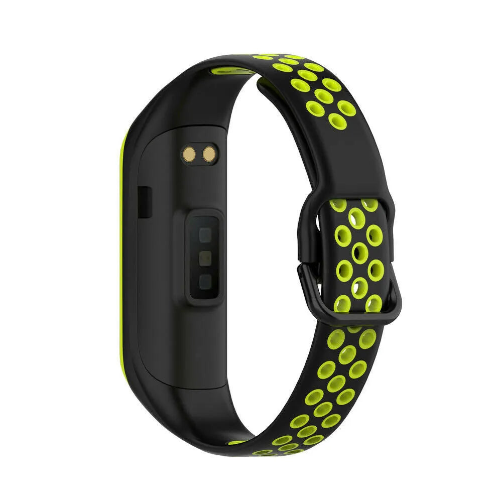 Silicone Sport Strap, black/yellow, on a watch, 3/4 rear view