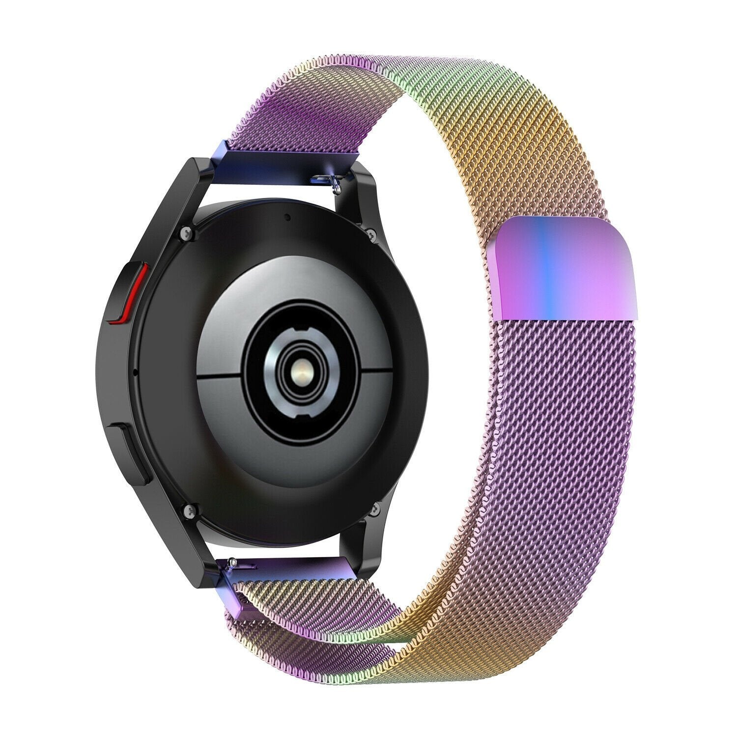 Milanese Strap, rainbow, on a watch, 3/4 rear view