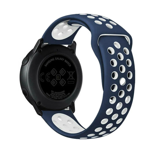 Silicone Sport Strap, blue/white, on a watch, 3/4 rear view