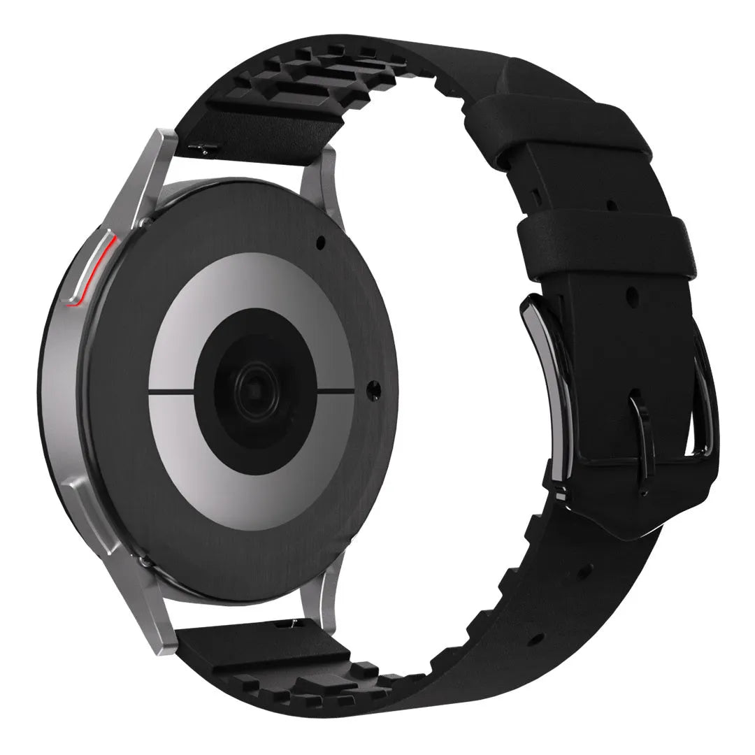 Leather Hybrid Strap, black, on a watch, 3/4 rear view