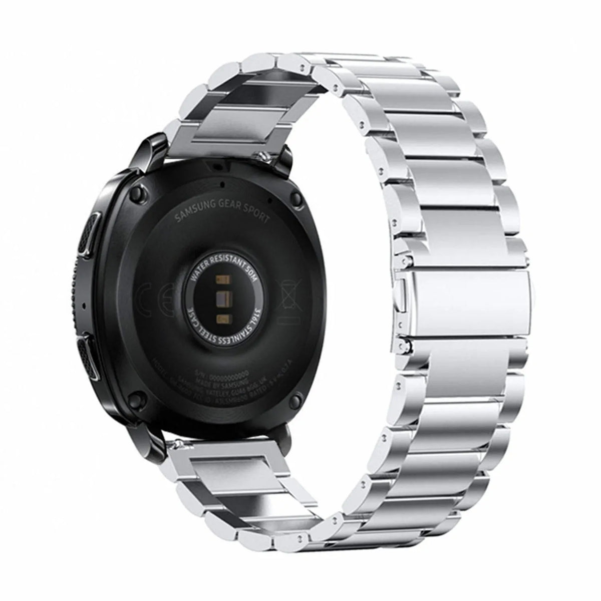 Steel Strap, silver, on a watch, 3/4 rear view