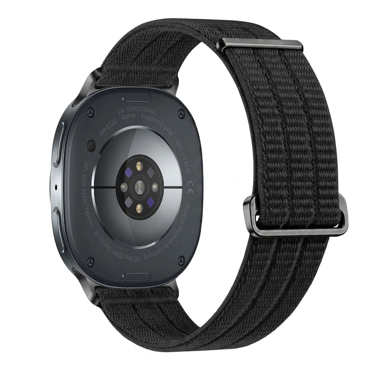 Nylon Air Strap, black, on a watch, 3/4 rear view