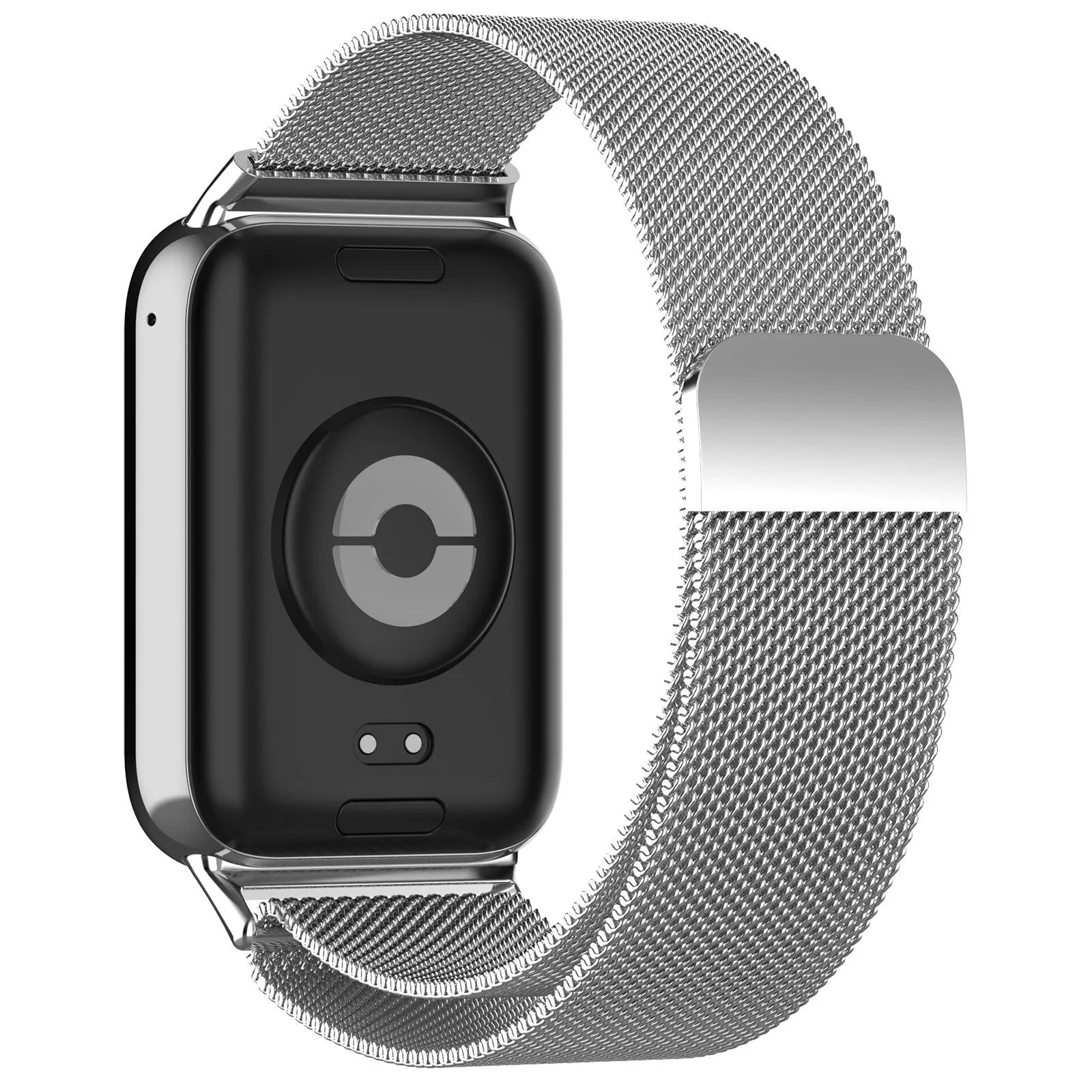 Milanese Strap, silver, on a watch, 3/4 rear view