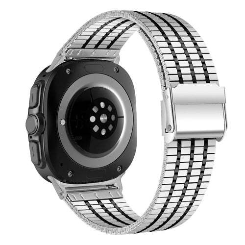 Stainless Steel Strap, silver/black, on a watch, 3/4 rear view