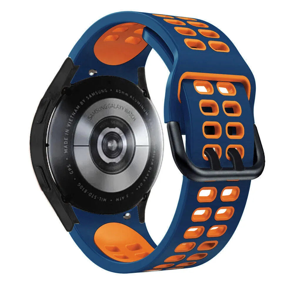 Silicone Squared Sport Strap, blue/orange, on a watch, 3/4 rear view