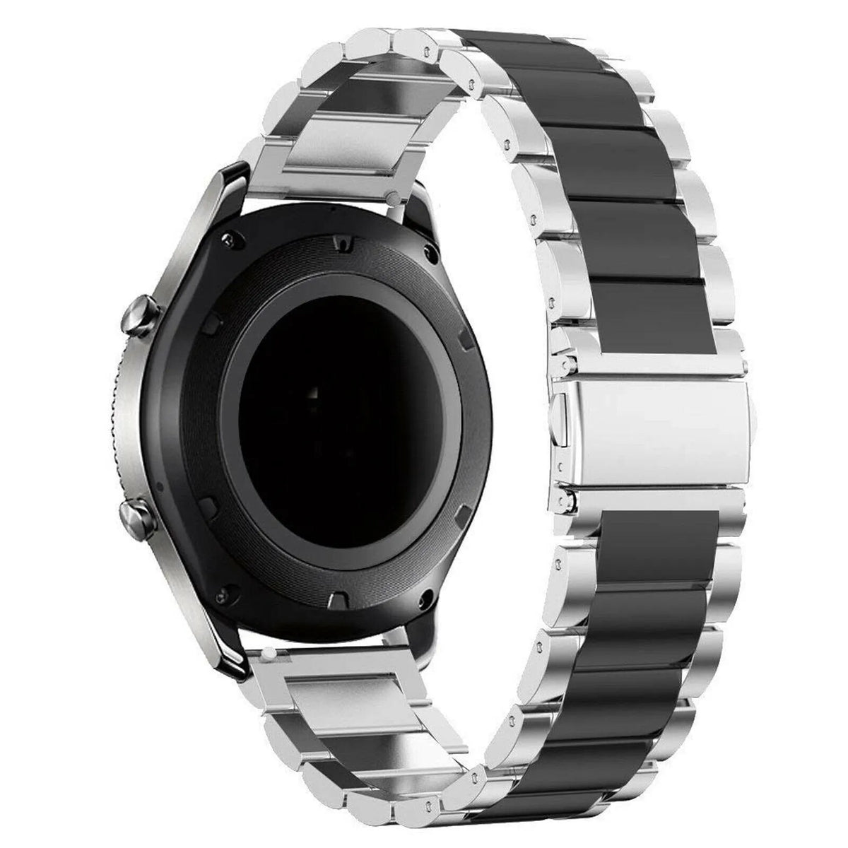 Steel Strap, silver/black, on a watch, 3/4 rear view