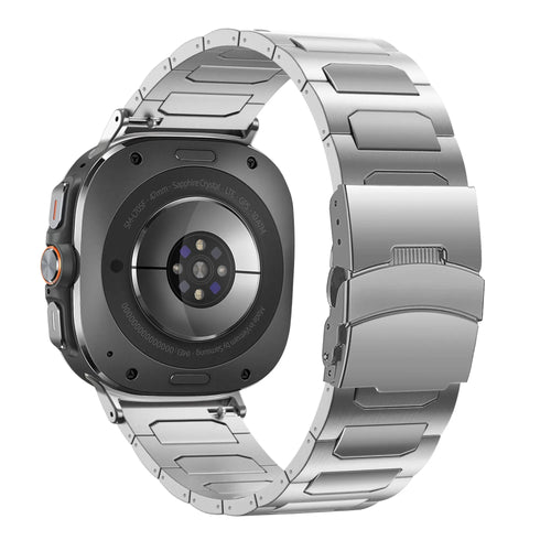 Titanium Strap 'Deluxe', silver, on a watch, 3/4 rear view