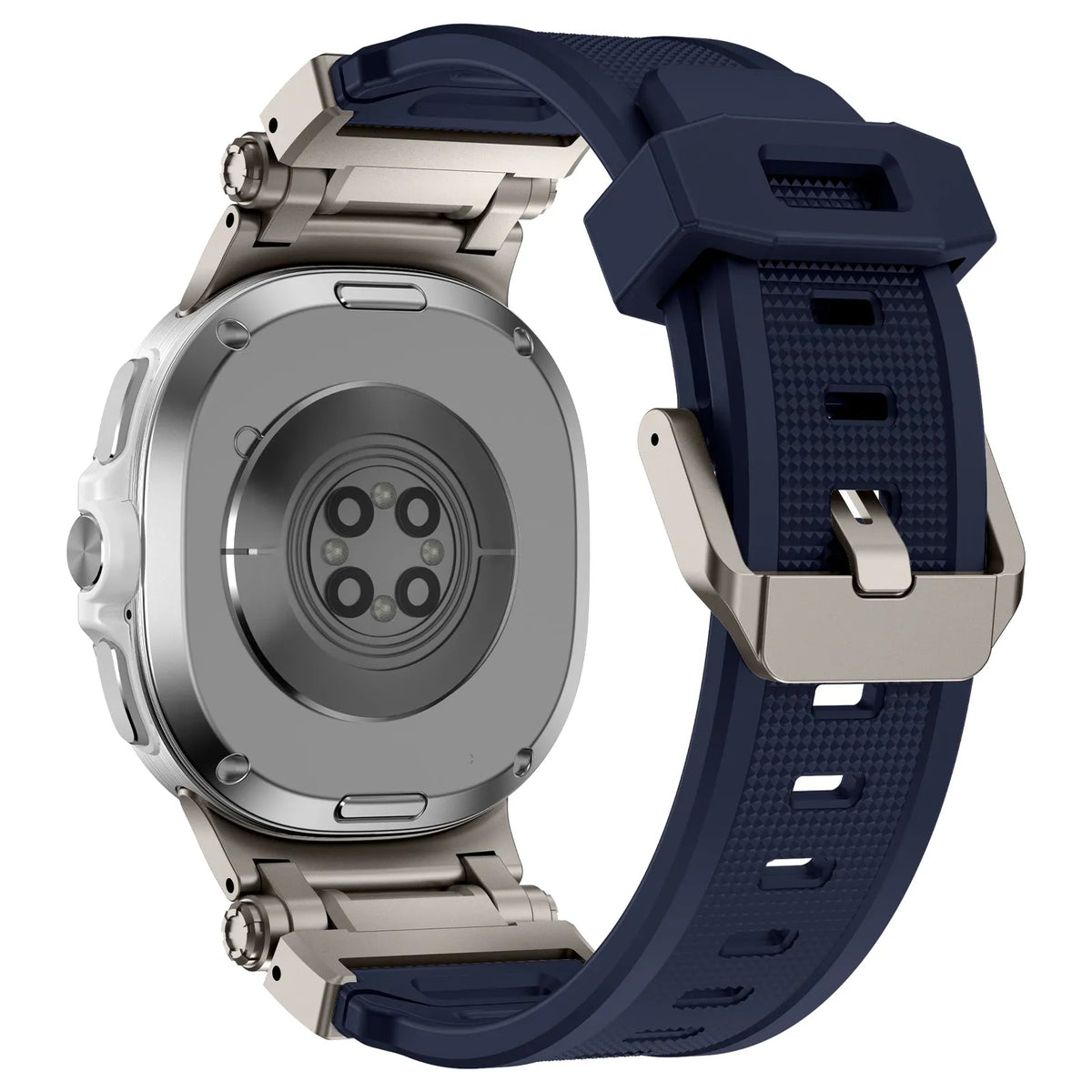 Silicone Strap 'Explorer', blue with titanium, on a watch, 3/4 rear view
