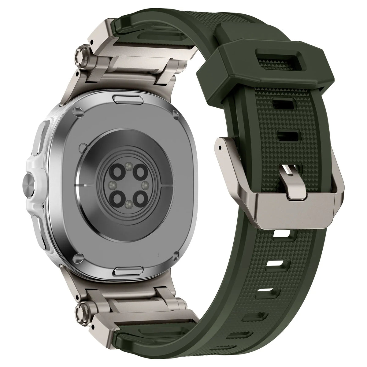 Silicone Strap 'Explorer', green with titanium, on a watch, 3/4 rear view