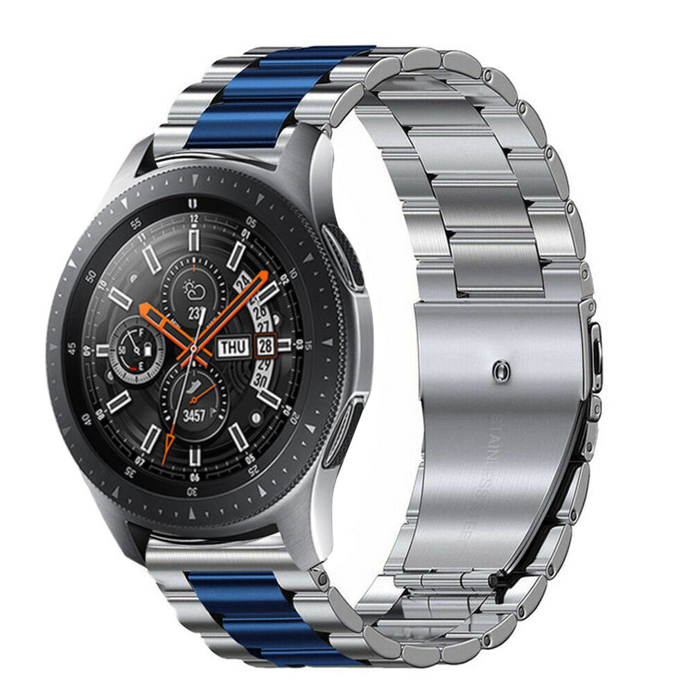 Steel Strap, silver/blue, on a watch, 3/4 rear view