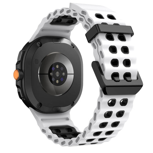 Silicone Ocean Strap, white/black, on a watch, 3/4 rear view