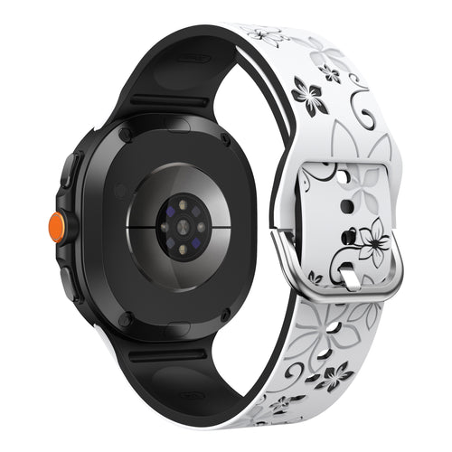 Samsung Galaxy Watch 8 - 44mm Silikonarmband mit Blumenmuster (Weiß/Schwarz)
