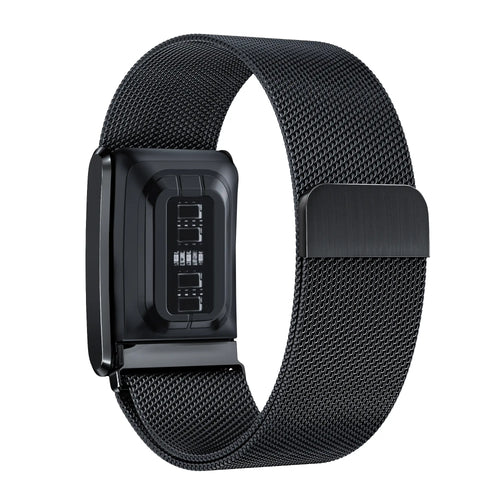 Milanese Strap, black, on a watch, 3/4 rear view