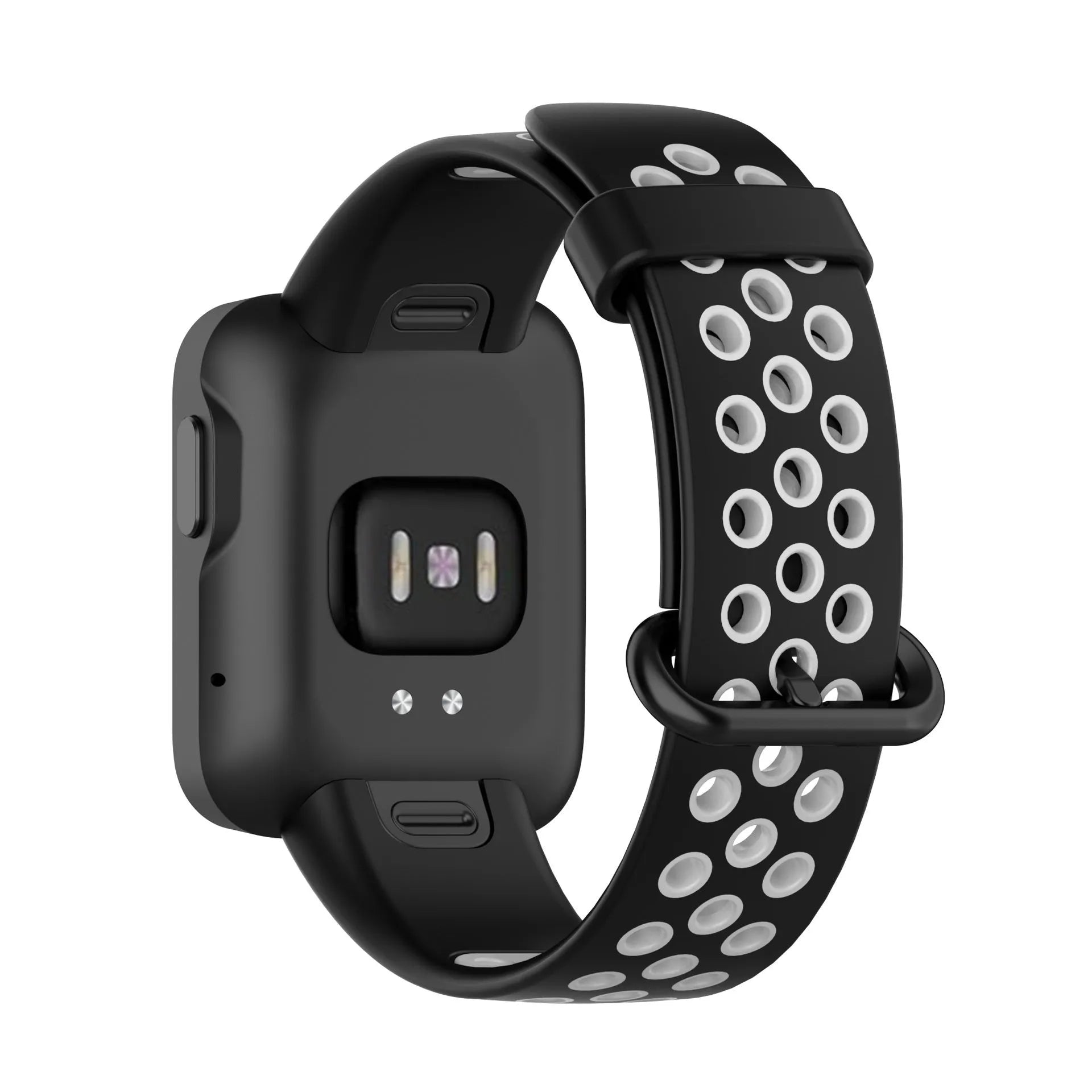 Silicone Sport Strap, black/grey, on a watch, 3/4 rear view