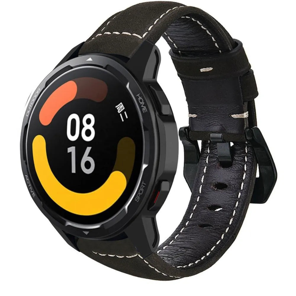 Leather Strap, black, on a watch, 3/4 rear view