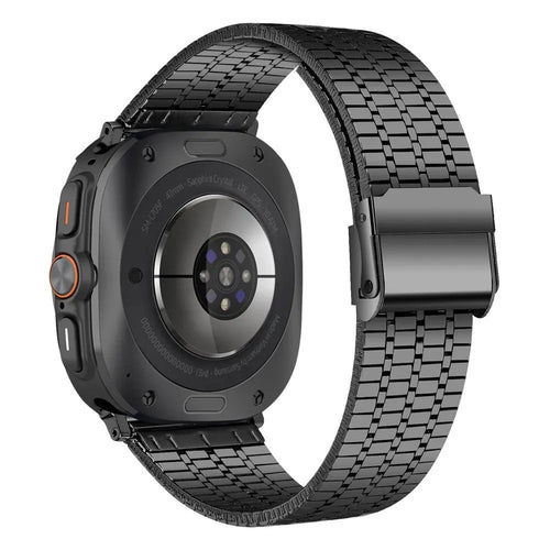 Stainless Steel Strap, black, on a watch, 3/4 rear view