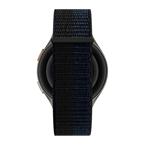 Nylon Strap 'Easy Fit', black/blue, on a watch, direct front view