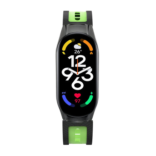 Silicone TPU Strap with Frame, black/green, on a watch, direct front view