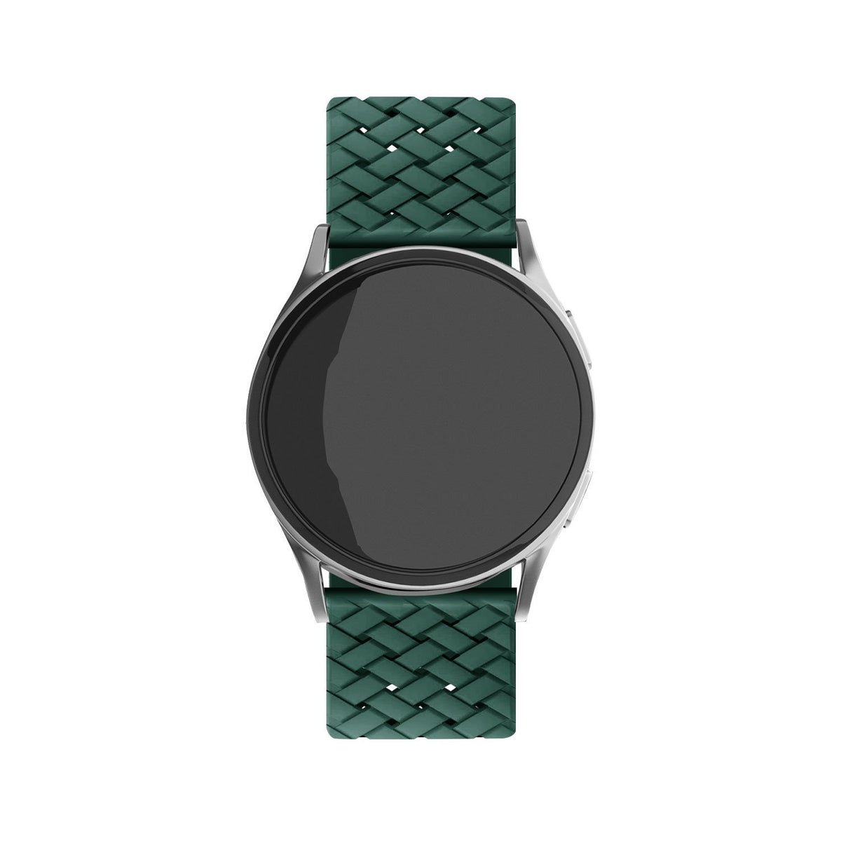 Braided Silicone Strap, dark green, on a watch, direct front view