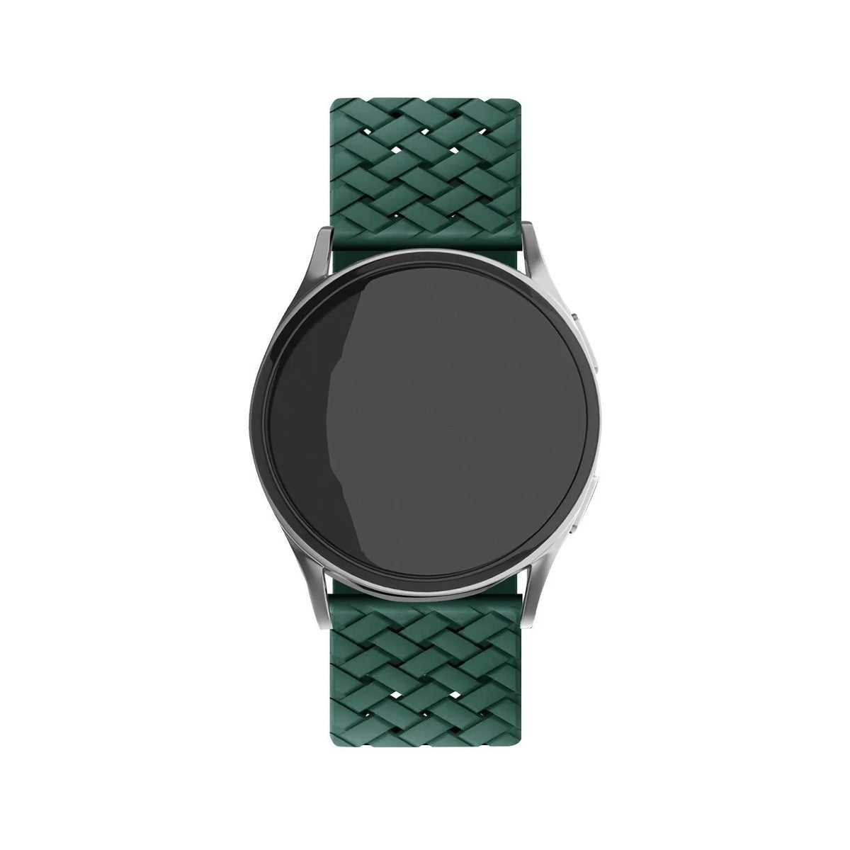 Braided Silicone Strap, dark green, on a watch, direct front view