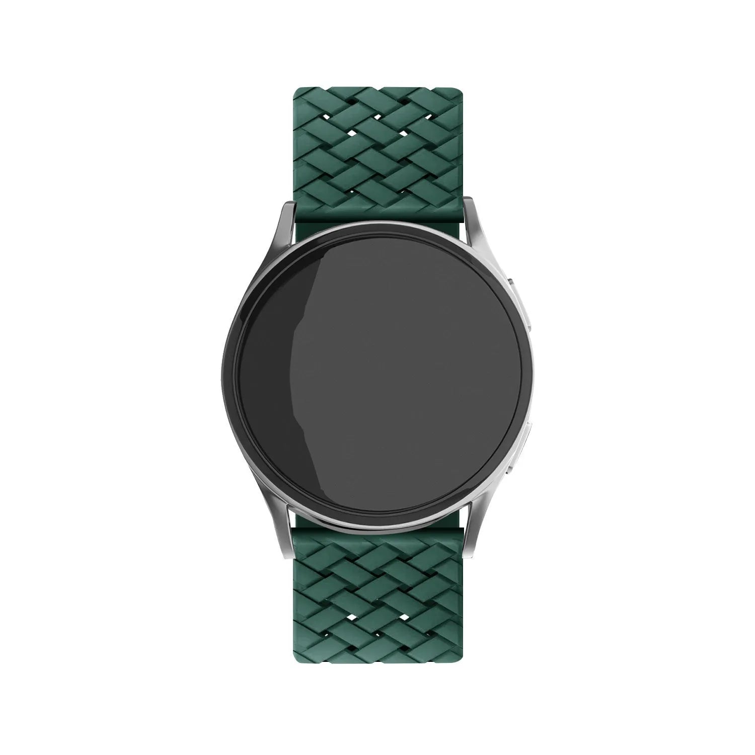 Braided Silicone Strap, dark green, on a watch, direct front view