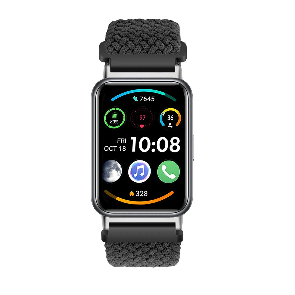 Nylon Adjustable Braided Strap, black, on a watch, direct front view