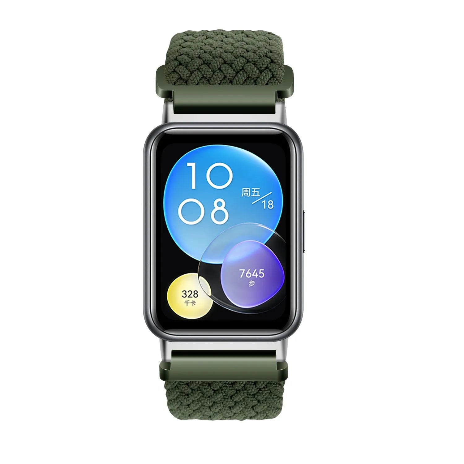 Nylon Adjustable Braided Strap, green, on a watch, direct front view
