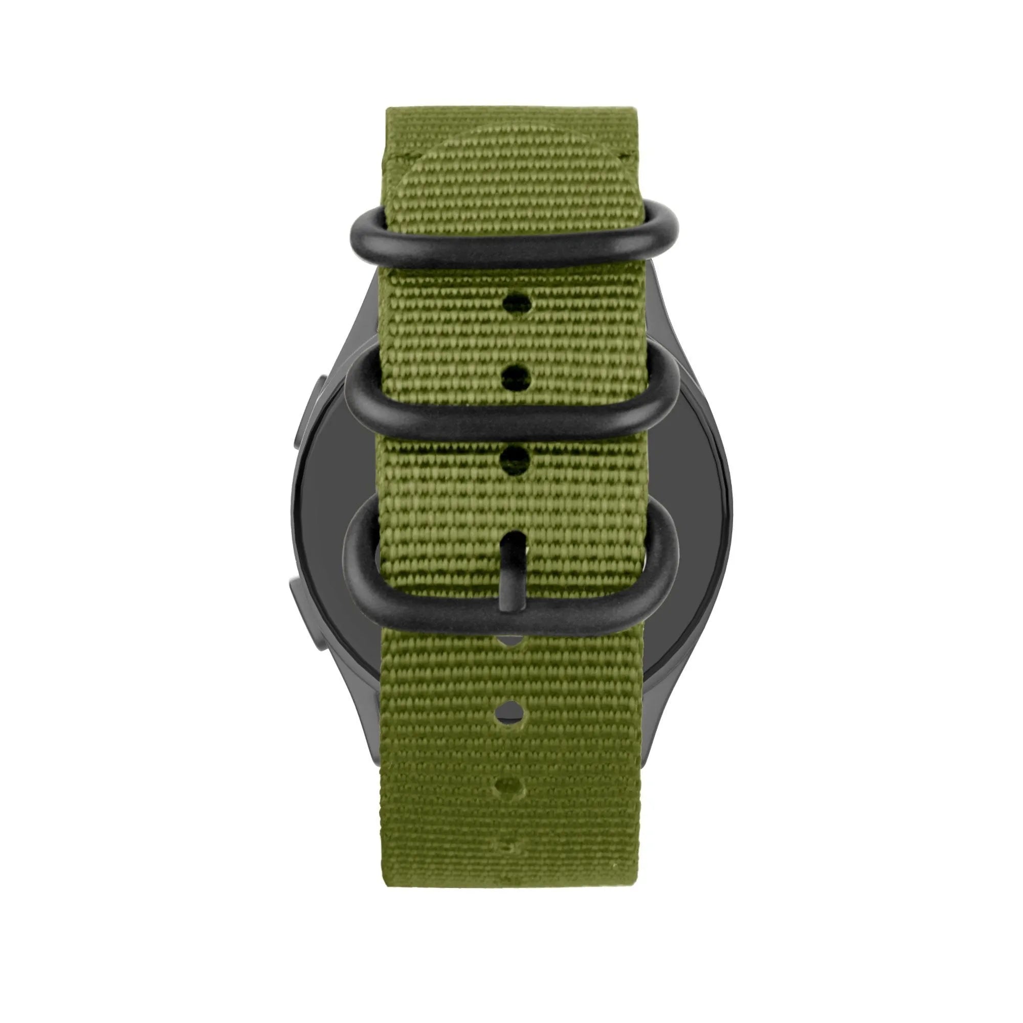 Buckled Nylon Strap, green, on a watch, direct front view