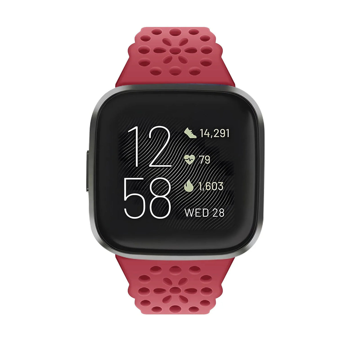 Patterned Silicone Strap, red, on a watch, direct front view