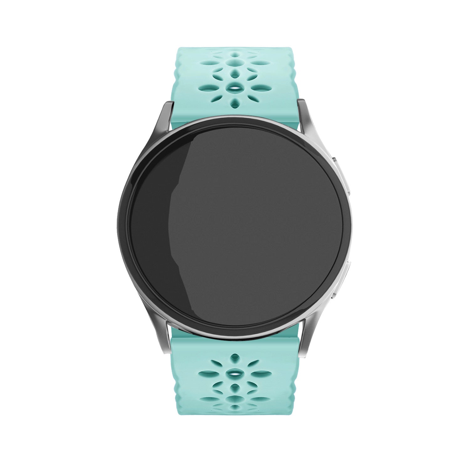 Patterned Silicone Strap, blue sea green, on a watch, direct front view