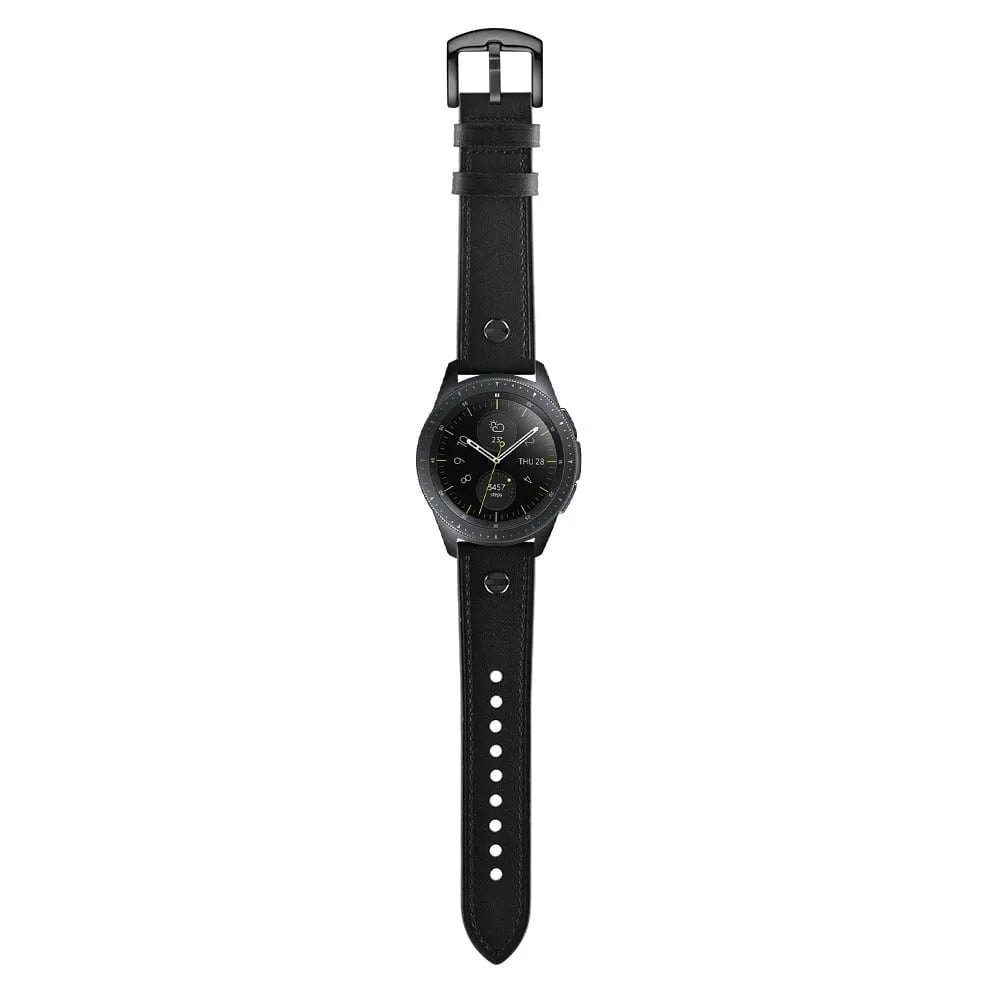 Leather Strap with Screw, black, on a watch, direct front view