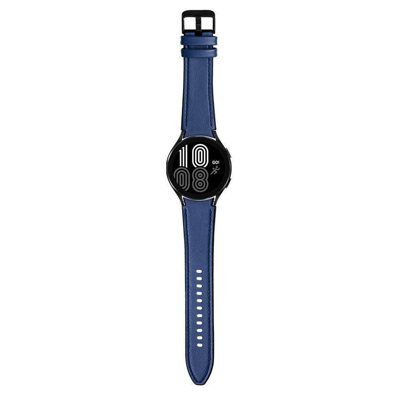 Leather Hybrid Strap, dark blue, on a watch, direct front view