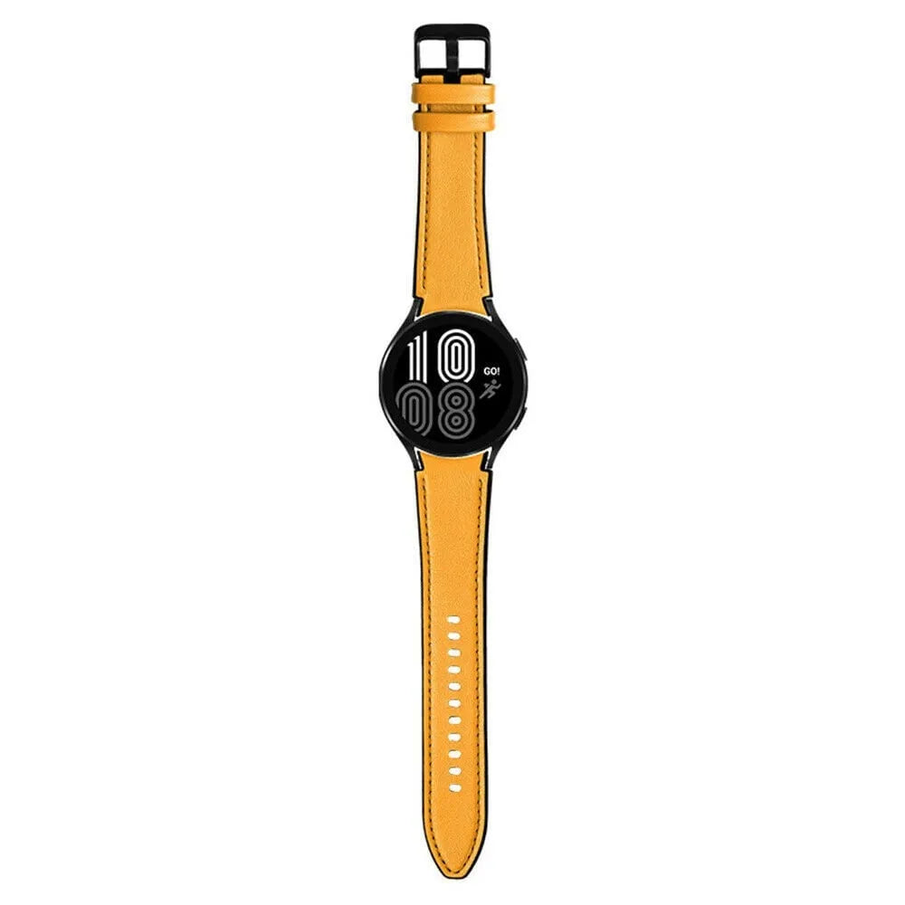 Leather Hybrid Strap, yellow, on a watch, direct front view