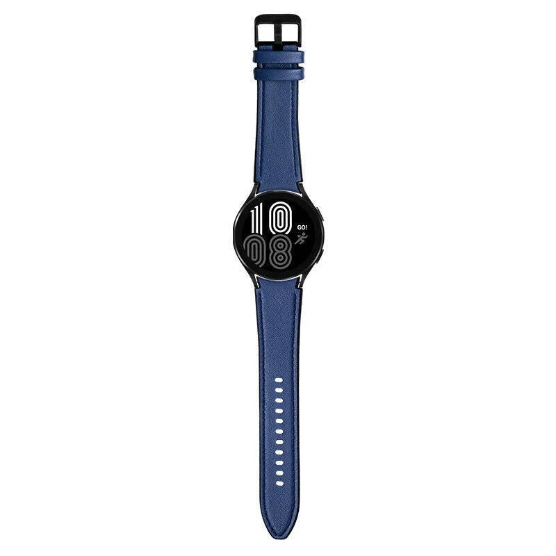Leather Hybrid Strap, dark blue, on a watch, direct front view