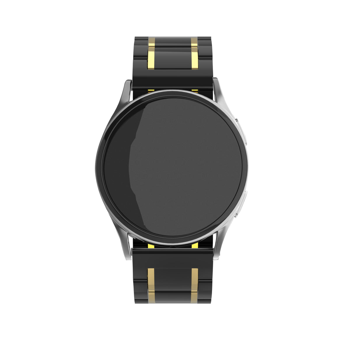 Metal Ceramic Link Strap, black/gold, on a watch, direct front view