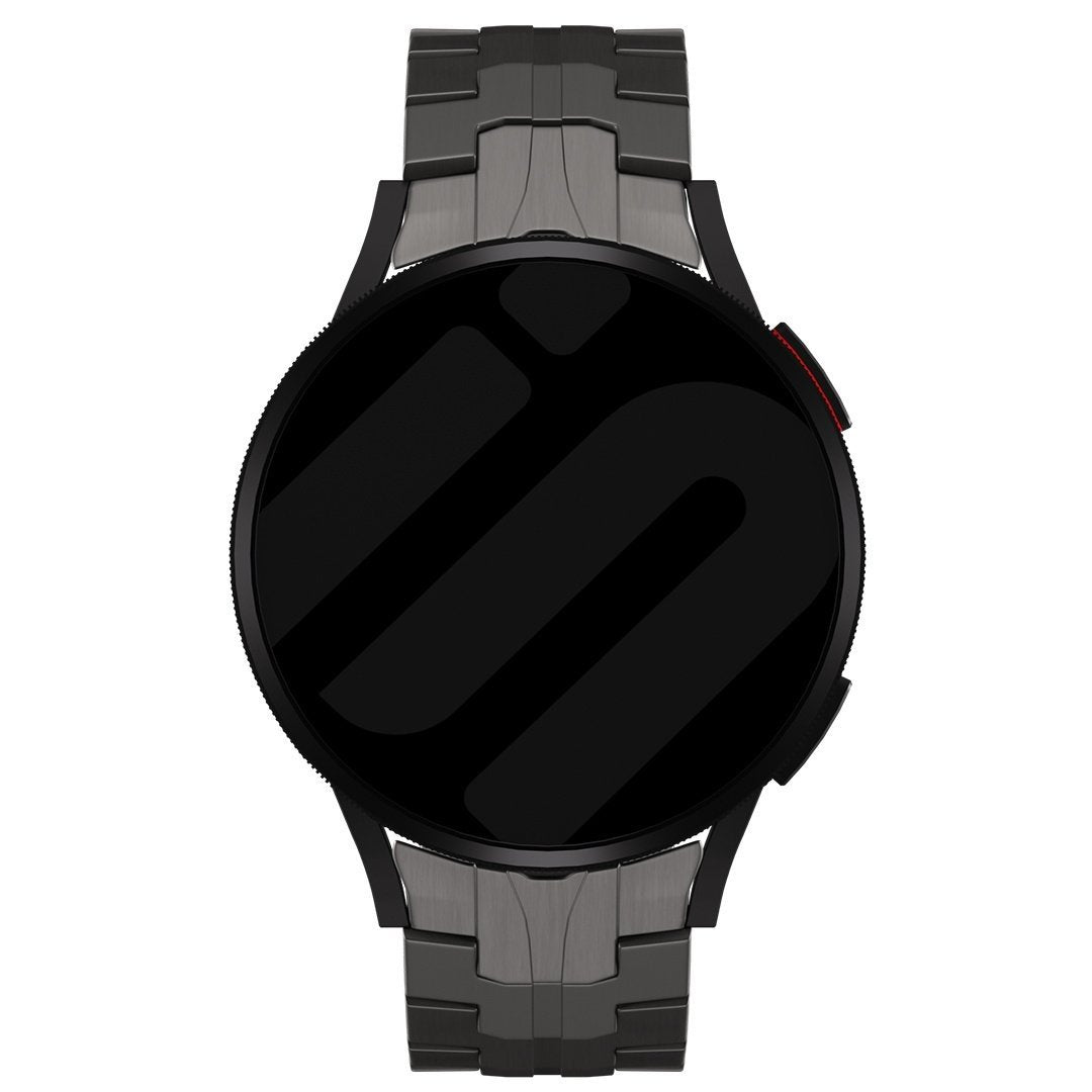 Titanium Strap 'Iron', graphite, on a watch, direct front view